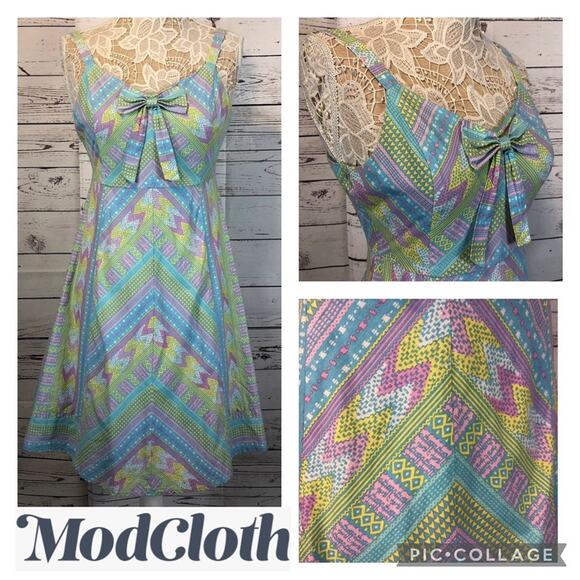 Modcloth fit and flare sleeveless dress blue, pink & green size medium - Picture 6 of 12